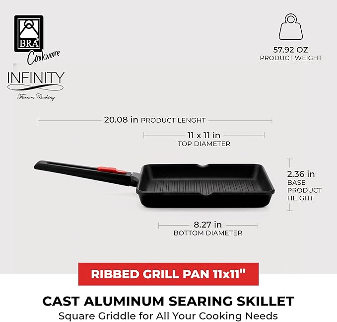 BRA COOKWARE Infinity Nonstick Ribbed Grill Pan (11x11 Inch) | Cast Aluminum Searing Skillet | PFOA/PFAS Free Square Griddle | All Cooktops (incl Induction) Grilling Skillet | Removable Handle