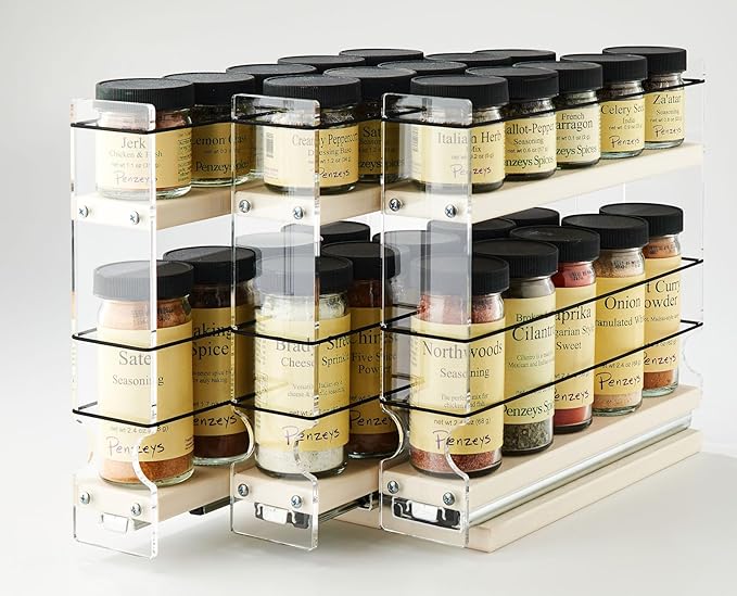 Vertical Spice Cabinet Mounted Spice Rack Drawer - Pull Out Cabinet Organizer - Cupboard Organizers & Storage - Pantry Shelf -45 Half Sized Jars, 3 Drawers, 2 Tiers (6.9" W x 9.25" H x 10.6" D, Cream)