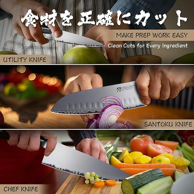 Purple Dragon Knife Set, 3Pcs Kitchen Knives Set, German VG10 Steel Japanese Chef Knives 7.8 Inch Santoku Knife 7 Inch Utility Knife 5.1 In, Razor-Sharp Knives Christmas Gift for Men and Women