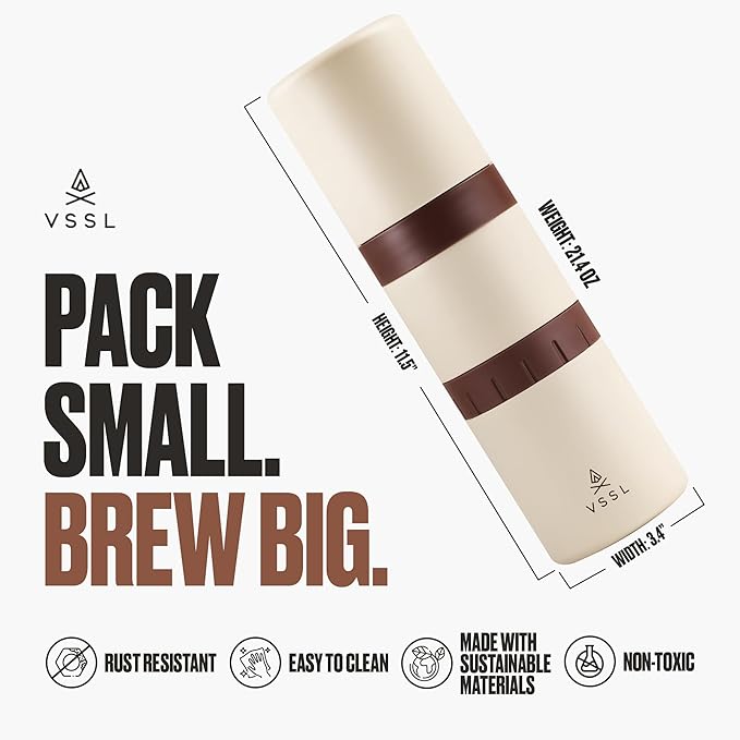 VSSL - Nest Pour Over Coffee Kit | Coffee Maker for Camping | All-In-One Travel Pour Over | Transportable Dripper, Two 10oz Stainless Steel Travel Mugs | Compact Storage & Adventure Ready | Cream