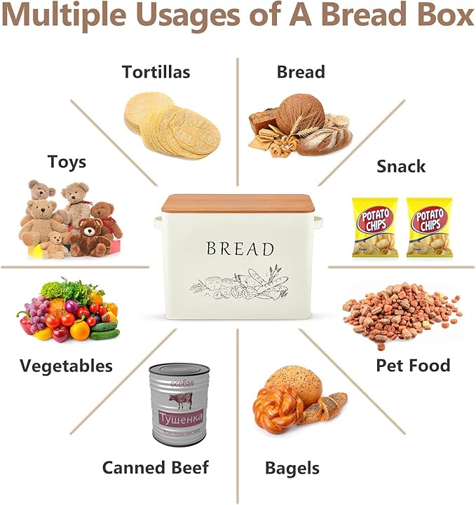P&P CHEF Bread Box for Kitchen Counter, Metal Bread Storage Bin with Wooden Cutting Lid, Large Capacity for Holding 2+ Loaves, Retro Modern Style, Size 13” x 7.2” x 9.7”, Cream