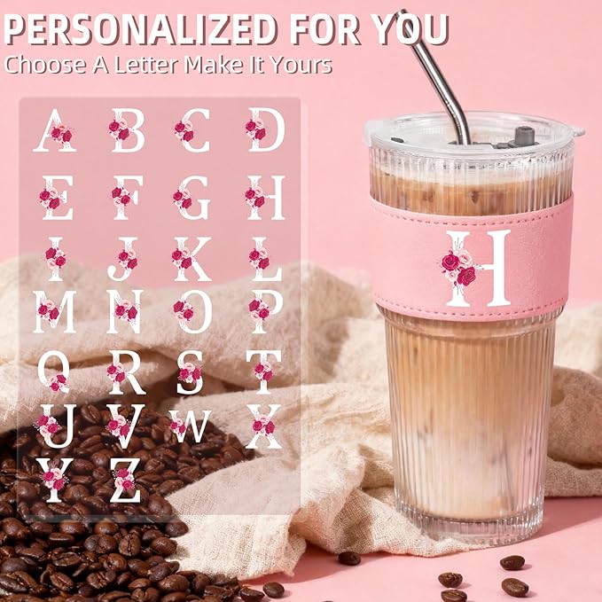 Personalized Gifts for Women,20oz Ribbed Glass Tumbler,Monogrammed Gifts for Women,Birthday Gift,Ice Coffee Mug,Christmas Gift for Mom Sister-H