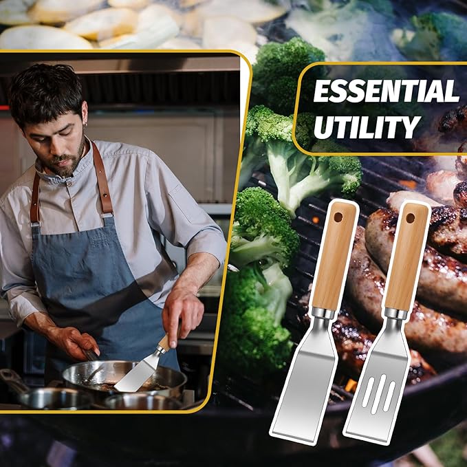Patelai 2 Pack Small Spatula Mini Serving Brownie Spatula for Serving and Flipping Cooking Pancakes Desserts Cookie Eggs Lasagna (Solid,Slotted,Wooden Handle)