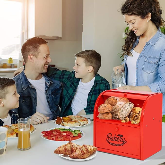 Bread Box, Metal Bread Box for Kitchen Countertop, 2 Layer Roll Top Bread Boxes, Stainless Steel Bread Storage, Kitchen Counter Bread Bin, Airtight Holder for Homemade Bread (Red)