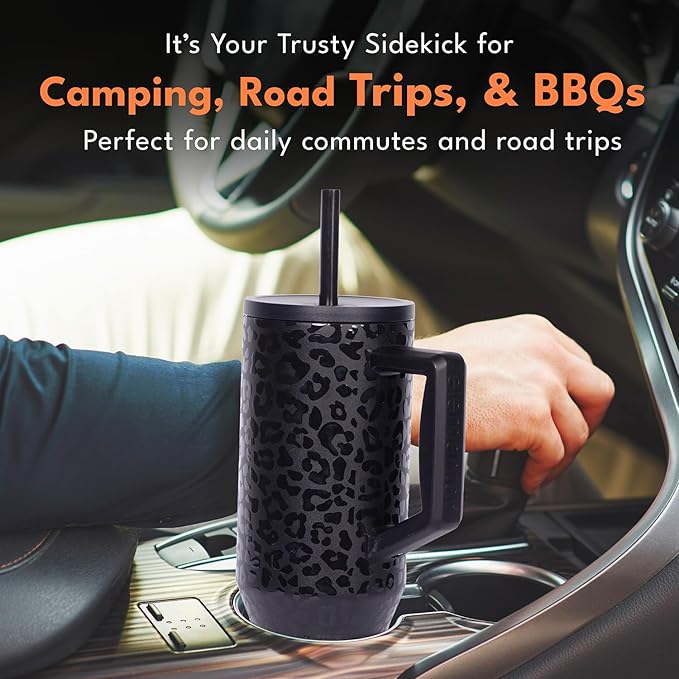 Elemental 40 oz Tumbler with Handle and Straw - Spill Proof Insulated Stainless Steel Commuter for Hot and Cold Beverages - Travel Coffee Mug with 2 Straws & Spill Proof Lid - 40oz - Black Leopard