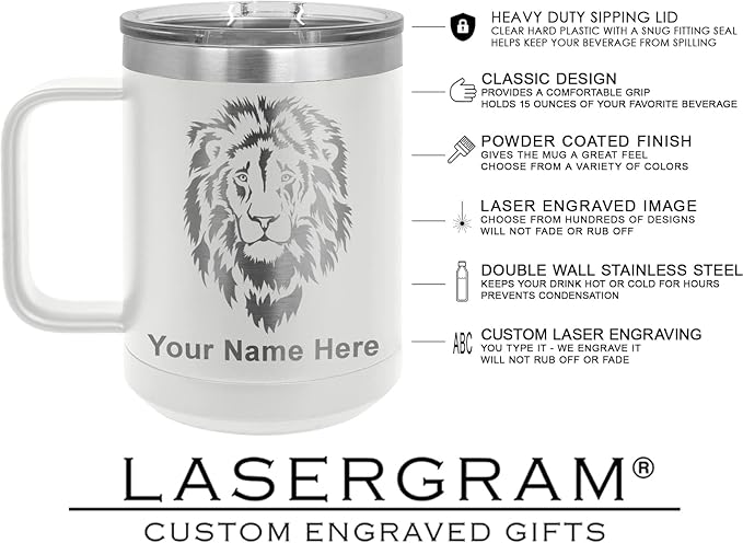 LaserGram 15oz Vacuum Insulated Coffee Mug, Tiki Statue, Personalized Engraving Included (White)