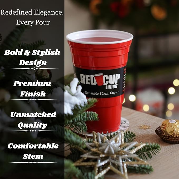 Red Cup Living 32Oz Tumbler Cup Pack of 2, Insulated Reusable Plastic Drinking Glass for Hot & Cold Drinks, Beer Stein, Travel Mug, Party Cup, Holiday Gift, Christmas Decor Thanksgiving Gift Hamper