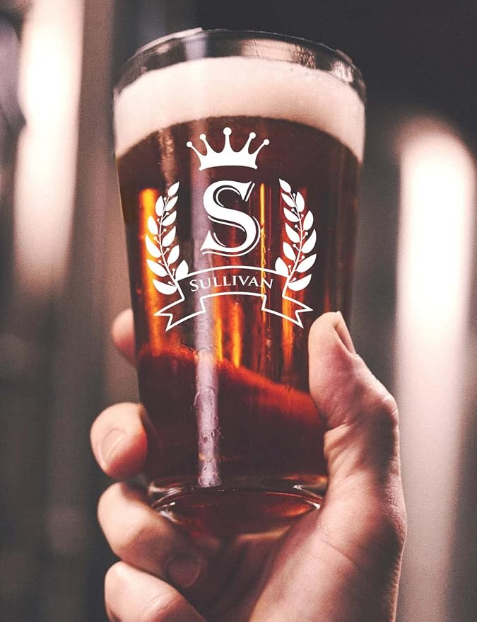 Custom Personalized Set of 4 Beer Glasses w/Grey Slate Coaster, Engraved Pint Glasses for Beer and Soda, Personalized Bar Coasters (4"x4") for Him