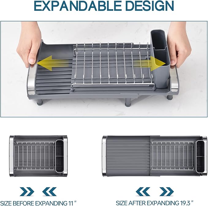 TOOLF Small Dish Drying Rack, Mini Expandable Compact Dish Rack, Slim Extendable Stainless Steel Dish Drainer for Kitchen Plate Storage, Space Saving Dish Strainer in Sink or on Home Countertop, Gray