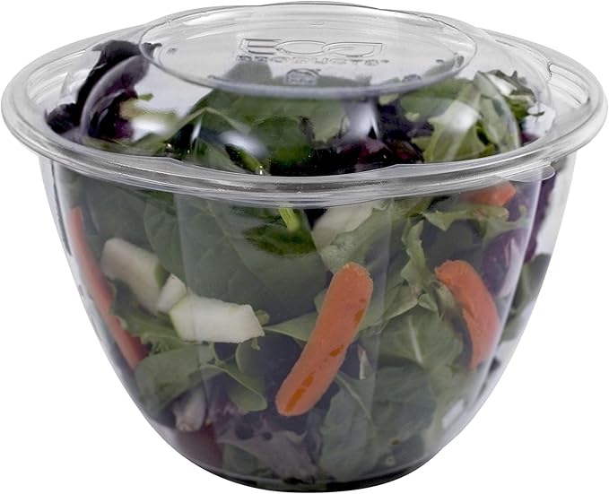 Eco-Products Compostable 48oz Clear PLA Plastic Large Salad Bowl With Lid, Case of 150, Grab 'n' Go Round Cold Takeout Food Containers, Renewable Plant-Based, Disposable, ASTM Compliant, BPI-Certified