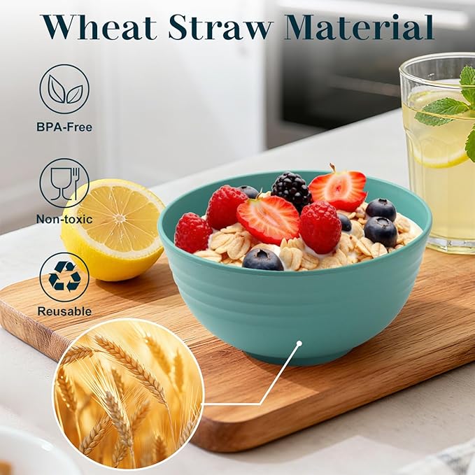 Wheat Straw Bowls Set of 8, Unbreakable Cereal Bowl 26 OZ, Microwave and Dishwasher Safe Soup Bowl for Ramen, Salad, Oatmeal, Rice, Reusable Plastic Bowls for Kitchen, Camping- Multi