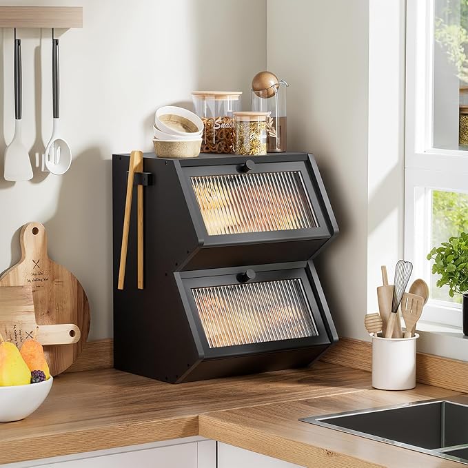 WOWLIVE Double Layer Bread Box for Kitchen Countertop, Large Bamboo Bread Storage Container for Homemade Bread, Farmhouse Bread Holder for Kitchen Counter Cabinet, Pantry, Cupboard (Black, Medium)