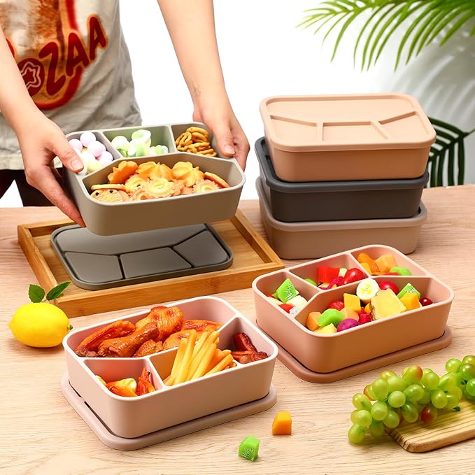 Honeydak 6 Pcs Silicone Bento Box Reusable Lunch Container 4 Compartment Snack Boxes with Lid Smooth LeakProof Rectangle Food Boxes for Adult Work Travel Food Storage(Vivid Color)