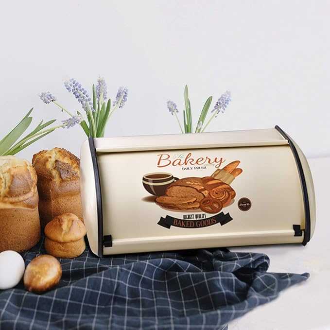 SOTECH Bread Box Kitchen Metal Container for Storage Bin Countertop Keeper Rustic Holder Vintage airtight Counter with Roll Top Farmhouse Bread Boxes