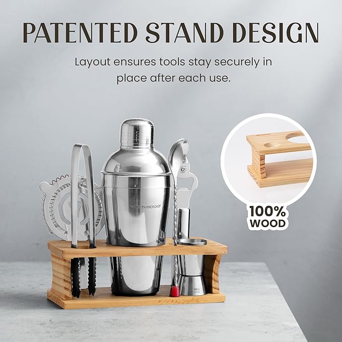 Modern Mixology Cocktail Shaker Set - 8 Piece Bartender Kit with Martini Shaker and Popular Bar Accessories on Quality Pine Stand - Leak Proof Design (Silver)