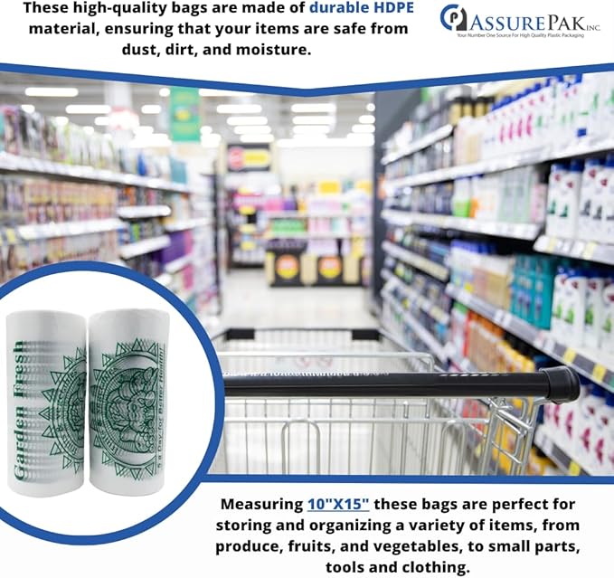 AssurePak Clear Produce Roll - 3500 Bags - 10"x15" – HDPE - 11 Microns - for Grocery, Food Storage, Reusable Produce, Small Business, Kitchen Use, Organization, Lightweight Packaging