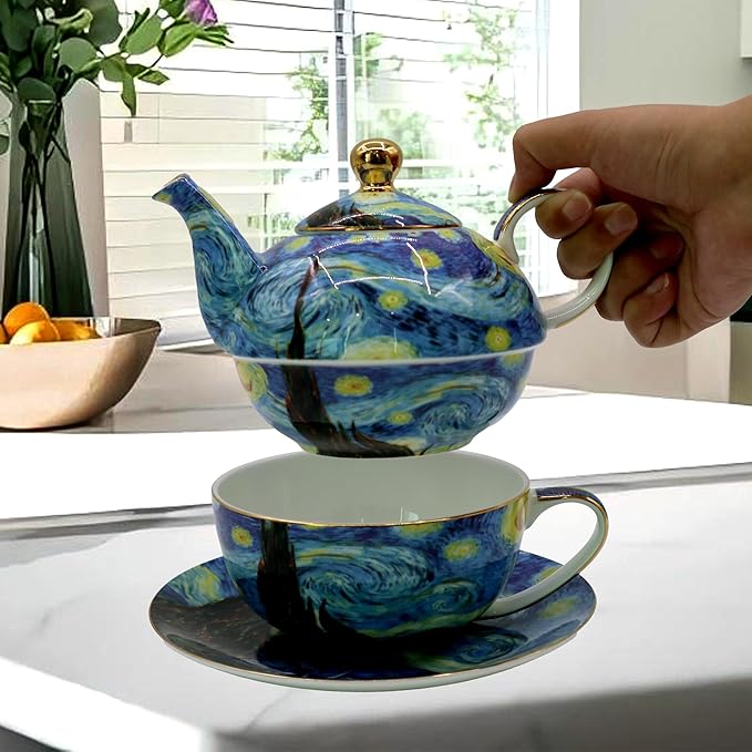Porcelain 13 OZ Tea for One Teapot and Cup Set Vintage Floral Ceramic Tea Set European Style Tea pot and Saucer Set (Starry Sky)