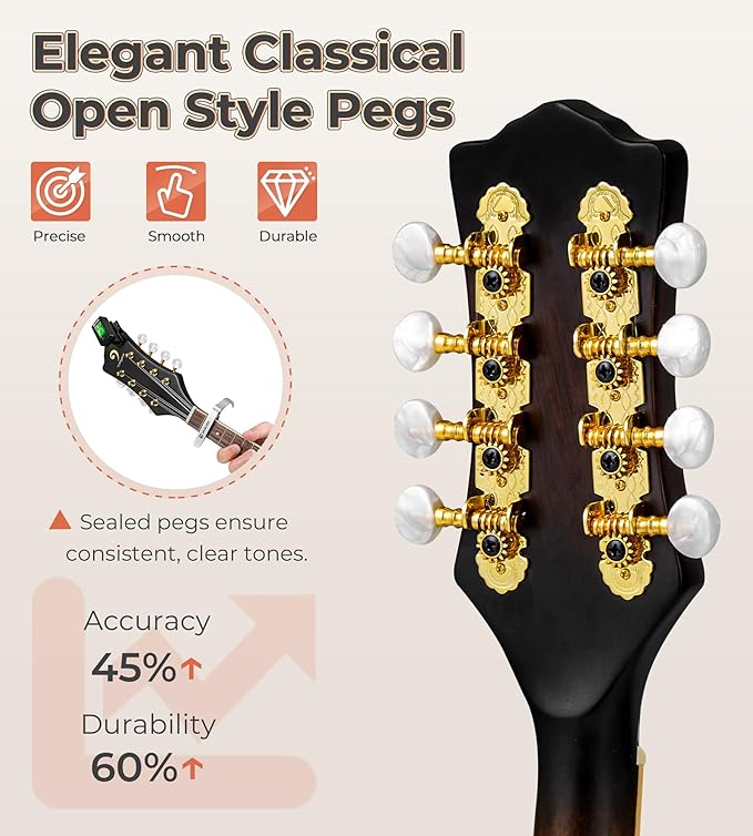 Vangoa Mandolin Instrument A Style, Acoustic Mandolin Musical Instrument Solid Spruce Top 8 String for Beginners, Adults, Teens, Dark Brown