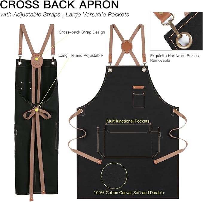 Chef Apron with Cross Back Straps for Men Women, Cotton Canvas Apron for Artists Painting, Kitchen Cooking