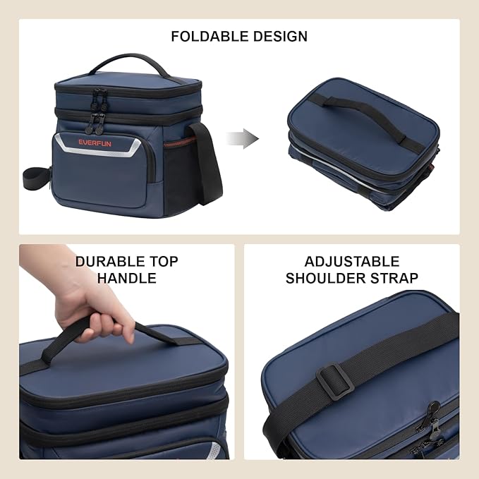 Everfun Womens Lunch Box Two Compartments Insulated Lunch Tote Bag Large Leakproof Soft Cooler for Work Picnic Travel (Blue)
