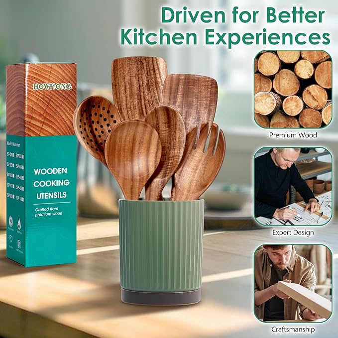 Wooden Spoons for Cooking, 6-Piece Natural Teak Wood Cooking Utensils Set – Wooden Kitchen Utensils Set with Smooth Finish Comfort Grip, Nonstick Safe Non-Toxic Wooden Cooking Tools by