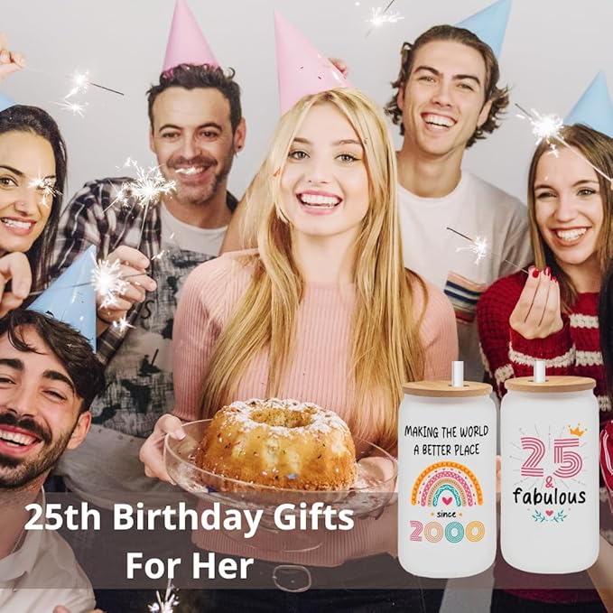 Vivulla68 25th Birthday Gifts For Her Him - Gift For 25 Year Old Female - Gifts For 25 year Old Woman Man - 25th Birthday Gifts Ideas - 25th Frosted Glass With Lid And Straw