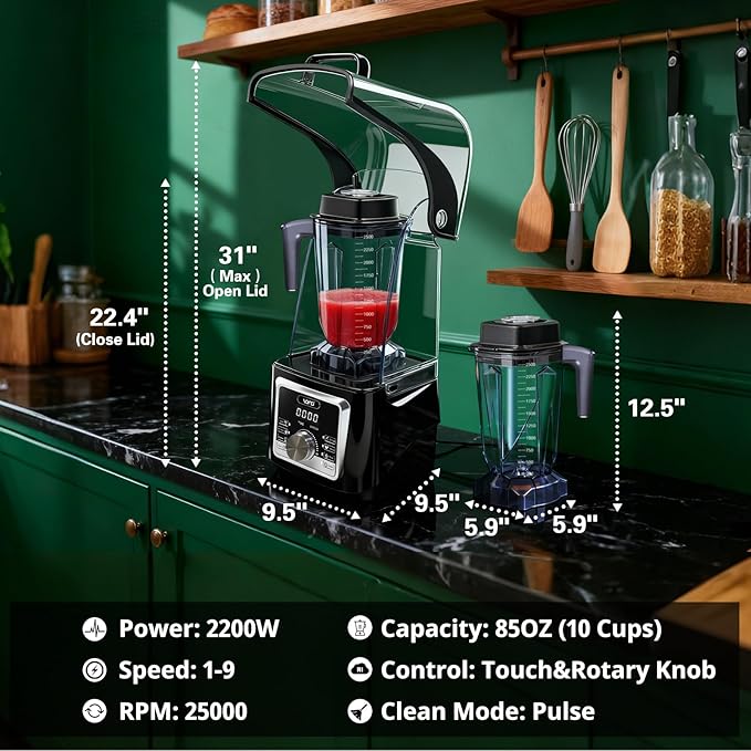 VONCI 2200W Commercial Blender With Sound Enclosure, 85OZ Large Capacity Quiet Blender For Smoothies, Heavy Duty Industrial Blenders For Restaurant, Perfect For Kitchen, Ice Crush, Milk Shake, Fruits