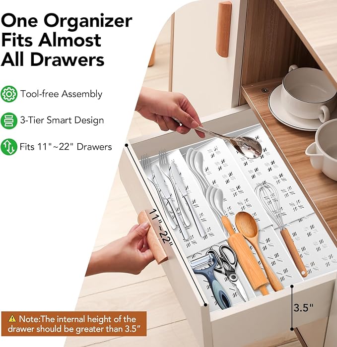 Spice Drawer Organizer 3-Tier Expandable (11"-22" Wide), Spice Rack for Cabinet with Funnel & Spice Labels, Fits Large Jars, Seasoning Storage Insert Design for Cabinet & Drawer (White)