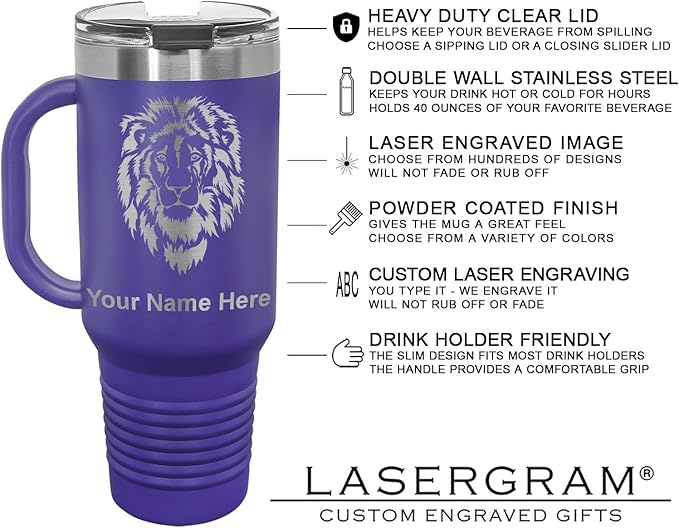 LaserGram 40oz Vacuum Insulated Travel Mug with Handle, Sushi, Personalized Engraving Included (Dark Purple)