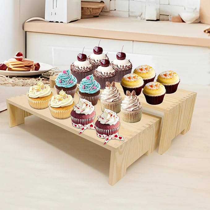 Display Riser Wood Risers Cupcake Stand 2 Tier Racks Decorative Rectangular, 2 Set 4 Pieces Cologne Perfume Organizer Dessert for Vendors Event