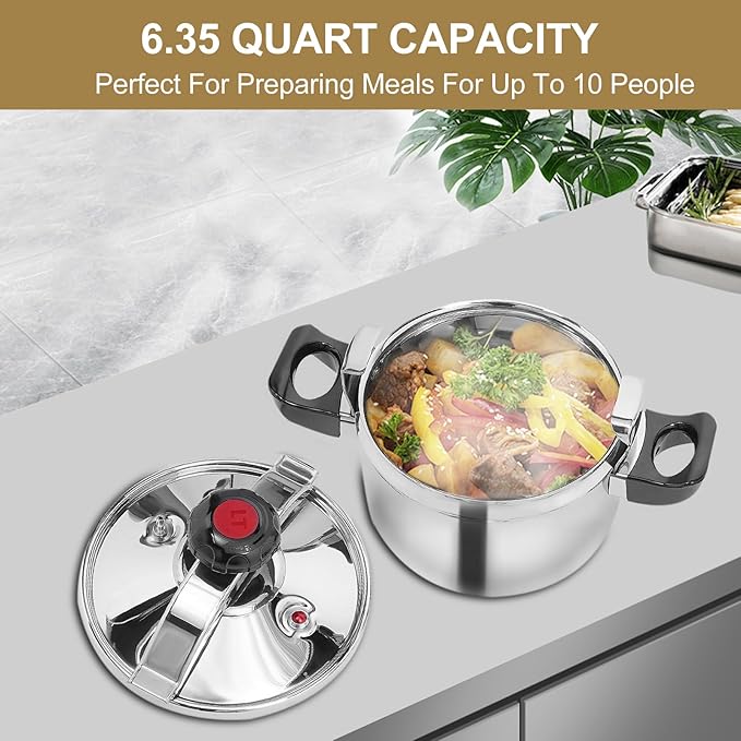 Stainless Steel Pressure Cooker 6.35 Qt Durable Pressure Canner High Safety Double Valves Quick Cooking Eco-Friendly Nonstick Cookware for All Stoves Induction Gas Electric for Family Meals