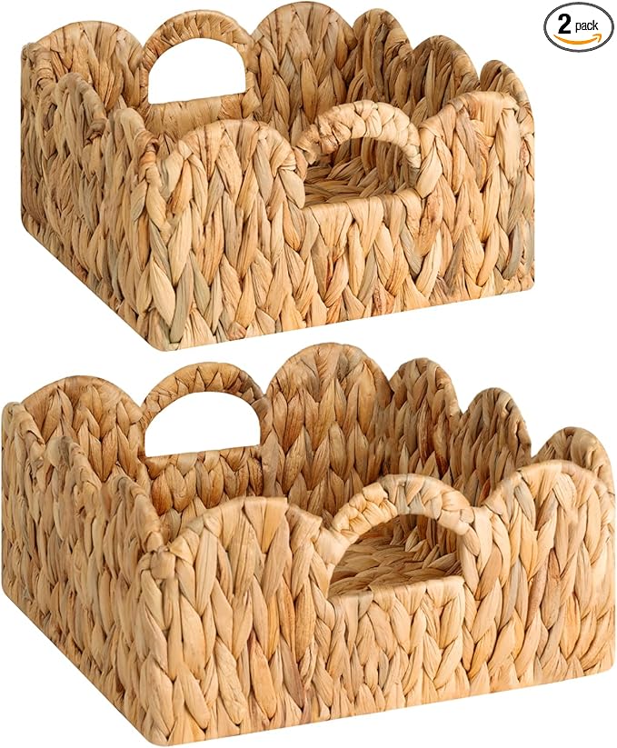 StorageWorks Scalloped Wicker Basket, Hand-woven Rattan Baskets with Built-in Handles, Water Hyacinth Basket for Organizing and Decor, 2 Pack