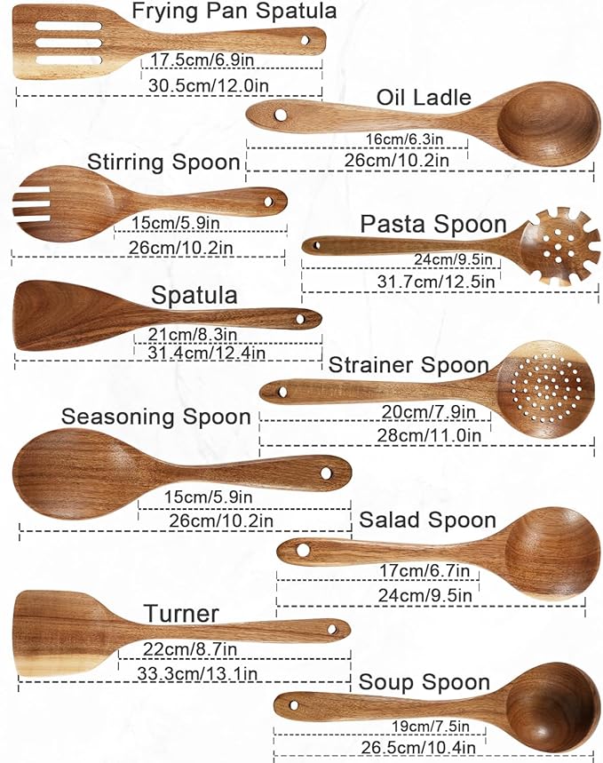 Handcrafted Acacia Wood Kitchen Utensil Set, 10-PCS Natural Brown Cooking Spoons and Slotted Spatulas, Premium Wooden Serving Tools for Kitchen (10Spoon)