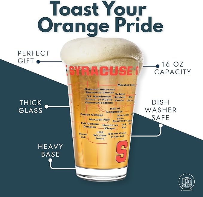 Greenline Goods – University of Syracuse Orange College Pint Beer Glasses (Set of 2), 16 oz – Full-Color Logo + Campus Map