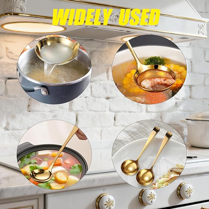 Small Stainless Steel golden Ladle, 7.9-Inch, 2-Pack， Ideal Soup Ladle for Serving Gravy, Sauce, and Soup | Crafted from Premium 18/10 Stainless Steel, Durable and Easy Clean