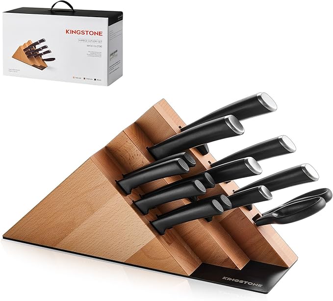 KINGSTONE 14-Piece Knife Block Set, High-Carbon Stainless Steel Knives with Ergonomic Non-Slip Handles, Ultra Sharp & Dishwasher Safe, Natural