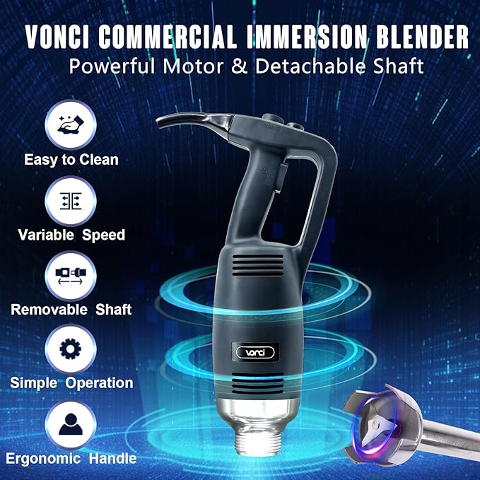 VONCI 750W Commercial Immersion Blender, Handheld Stick Mixer with 18" Detachable Shaft, Variable Speed 8000-19000RPM, Sharp SUS Blade, Extra Heavy Duty Hand Mixer for Restaurant Kitchen.