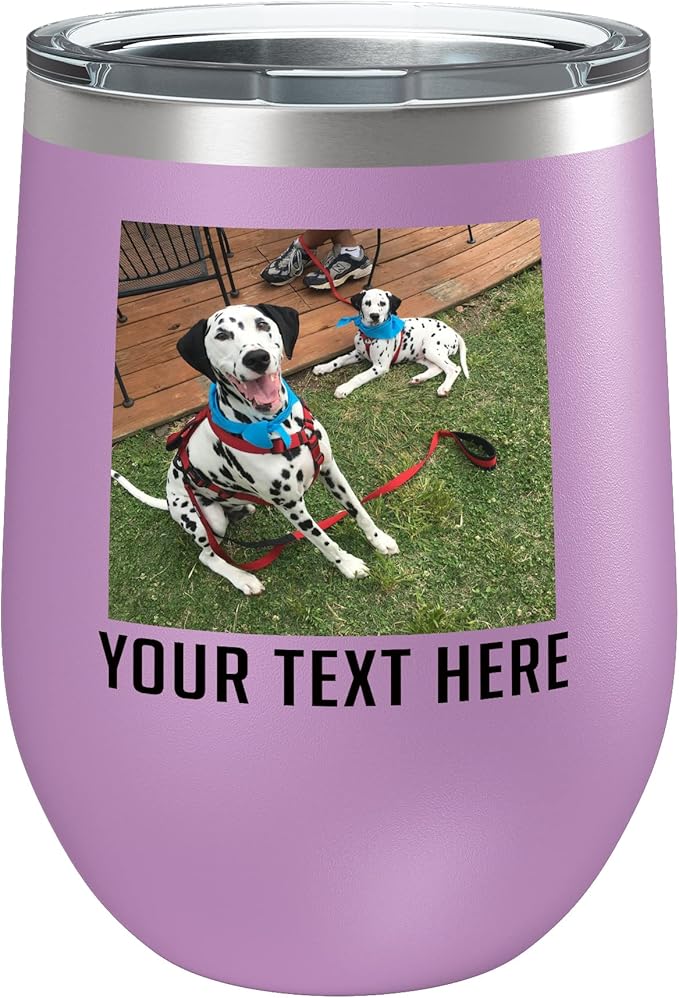 Personalized Mothers Day 12oz Photo Printed Insulated Stainless Steel Powder Coated Stemless Wine Tumbler with Lid, Customized Mum Gift Idea for Her, Custom Mom Team (Light Purple)