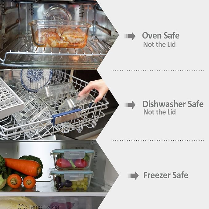 Glass Food Storage Containers with Lids Airtight 6 Pack, Glass Storage Containers with Lids for Food, Not Easy Broken & Leak Proof, Oven/Dishwasher Safe, Grey