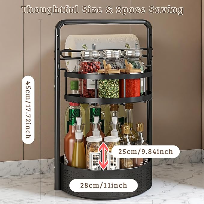 Rotating Spice Rack with Paper Towel Holder, 2 Tier Turntable Lazy Susan, Seasoning Organizer for Kitchen Countertop Cabinet, Black