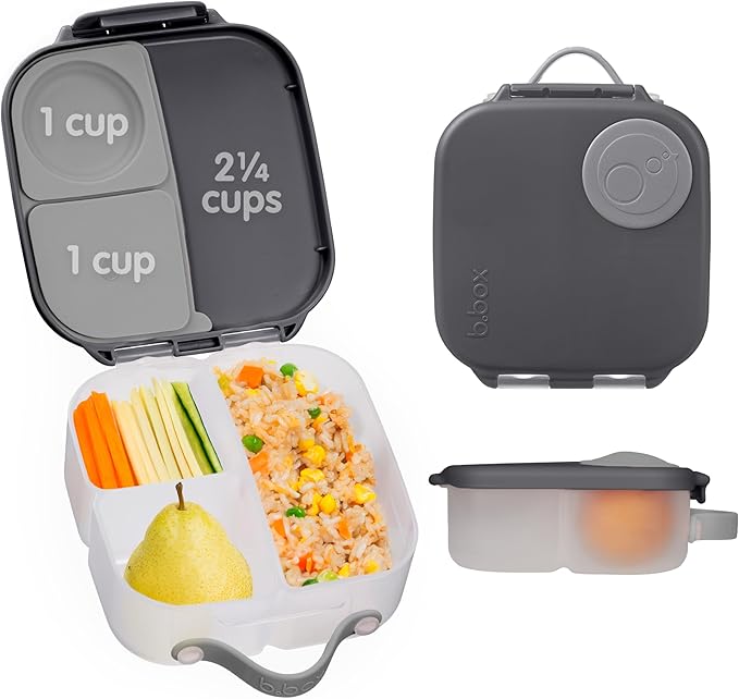 b.box Mini Lunch Box, Bento Box for Kids, Snack Container with 2 Leak Proof Compartments, Reusable Snack Containers with Lids, Kids Lunch Boxes Ages 3+, BPA Free, 4 1/4 Cup Capacity (Graphite)