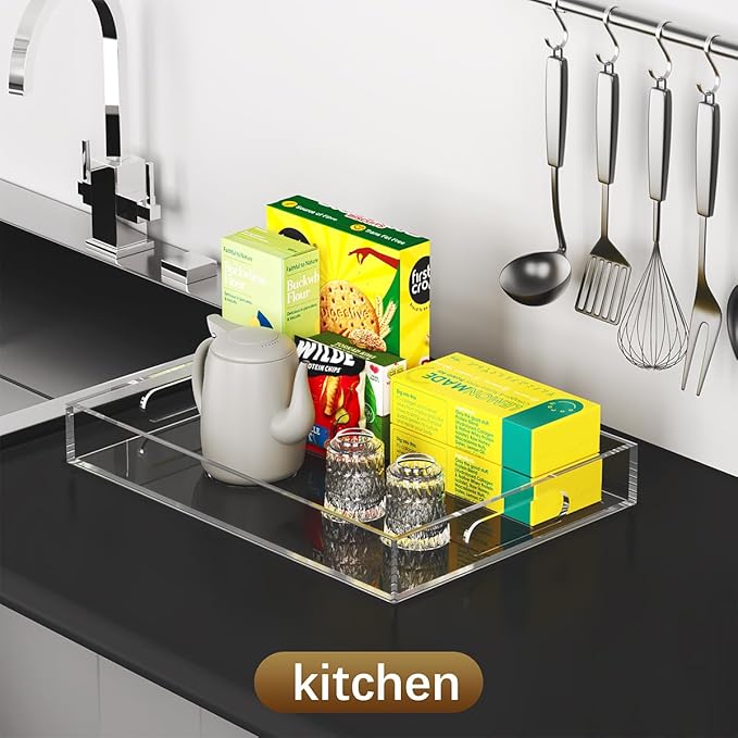 2 Pack 12"x17" Acrylic Serving Tray with Handle-Clear Acrylic Trays for Serving Food -6mm Thick Large Outdoor Lucite Tray-Stackable Makeup Organizer(12X17X2.4, 11.2X16.2X2.4)
