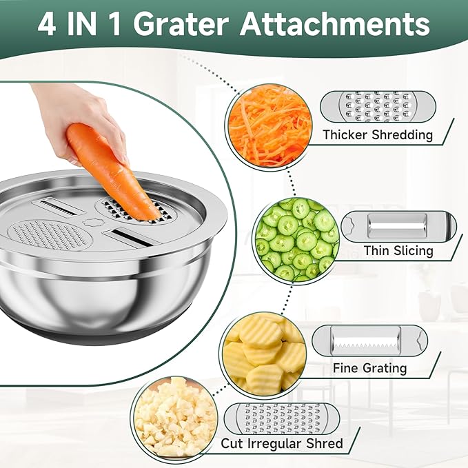 Mixing Bowls with Airtight Lids, Stainless Steel Nesting Bowl Set (1.4/2.8/5QT) with Colander, Grater, Measuring Spoons, Spatula & Oil Brush – Non-Slip Bottom Kitchenware Set (Black)