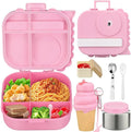 Dinosaur Lunch Box for Kids with Secret Compartment | 4 Compartments Bento Box + 12oz Insulated Food Jar | Leak-Proof Sauce Cup & Collapsible Spoon | BPA-Free, Dishwasher Safe(Grey+Grey Jar)