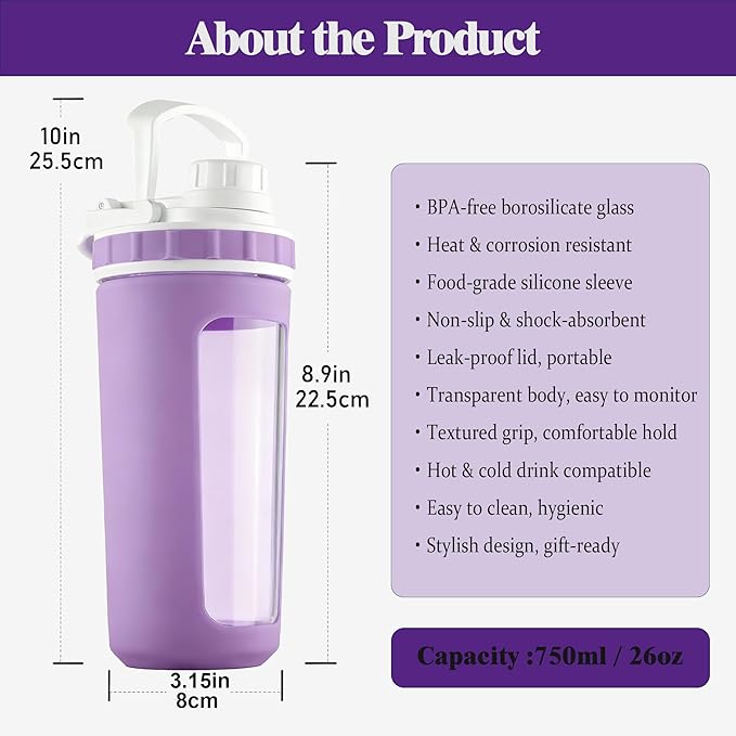 Glass Shaker Cup Odorless BPA Free– Glass Shaker Bottle for Protein 26oz Durable Borosilicate Glass, Leak-Proof & BPA-Free – Ideal for Creamy Protein Shakes, Smoothies & Workout Drinks (Lilac)
