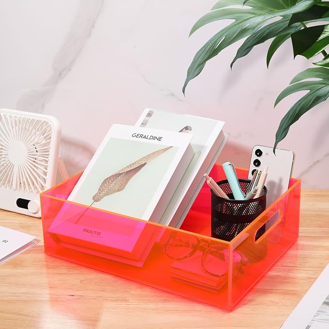 Large Storage Bin Acrylic Pantry Storage Container with Handles Kitchen Organizer Bin for Cabinet Cupboard Organization, Heavy Duty, 15.4 x 11.4 x 5.5'', Neon Pink