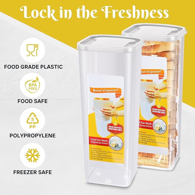 Flexzion 2 Pack Bread Containers Storage Airtight Loaf - Clear Bread Box for Kitchen Countertop BPA-Free Bread Loaf Storage Container Space-Saving & Durable Plastic Bread Container & Dispenser, White