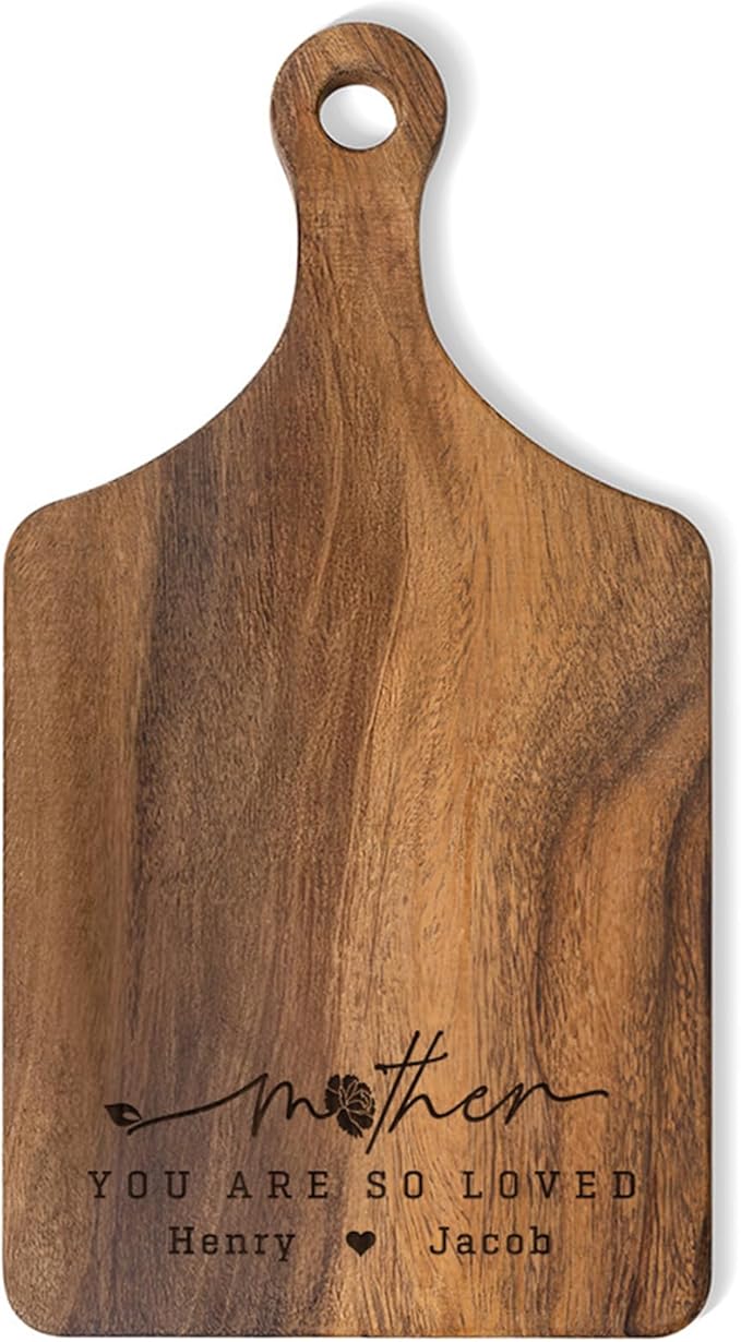Personalized Wooden Engraved Cutting Boards with Handle, Custom Reversible Monogrammed Cheese Board S M L, Housewarming Wedding Gift for Family or Couple (Carnation Title)