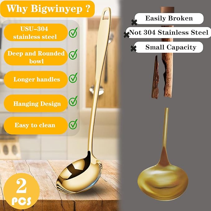 Soup Ladle, 2Pcs Stainless Steel Ladle spoon, 12.2Inch Metal Long Handle Serving Spoon for Cooking Buffet, Party, Kitchen, Gold