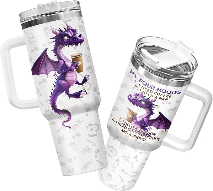 34HD Purple Dragon Tumbler with Handle & Straw, 40oz Stainless Steel Vacuum Insulated My Four Moods Coffee Mug, Dragon Gifts for Men Women Best Friend, Funny Birthday Gift Ideas